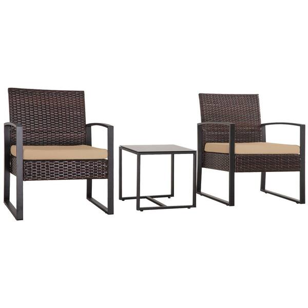 Sudzendf 3 Piece Outdoor Gray PE Wicker Patio Conversation Set with Brown Cushions
