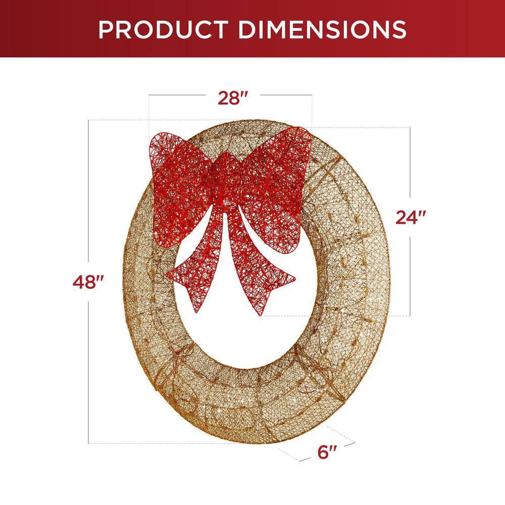48-Inch Gold and Red Pre-Lit Outdoor Christmas Wreath with LED Lights