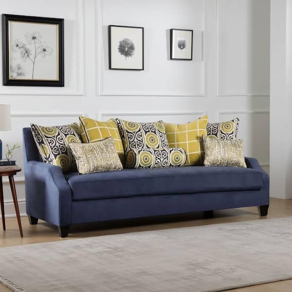 Benjara Omis 40 in. Straight Arm Fabric Rectangle with 8-Accent Pillows Sofa in Navy Blue and Yellow