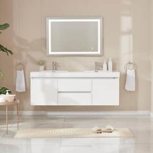 Annecy 60 in. W x 18.5 in. D x 20 in. H Bathroom Wall Hung LED Vanity in White w/ Double Basin Vanity Top in White Resin