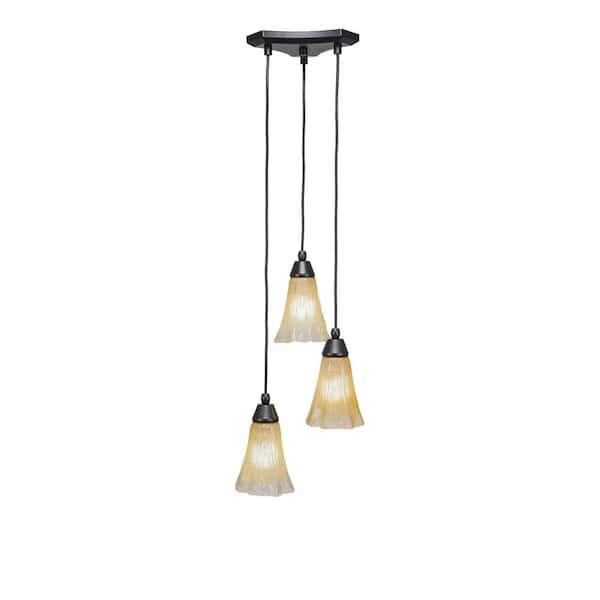 Unbranded Condor 3 Light Matte Black, Cluster Pendant Light with 5.5 in. Fluted Amber Crystal Glass Shades, No bulbs included