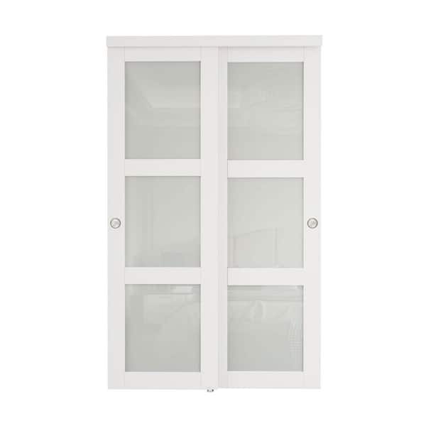 48 in. x 96 in. 3-Lite Frosted Glass Finished White MDF Closet Sliding Door with Hardware Kit