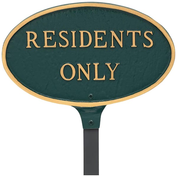 Montague Metal Products 6 in. x 10 in. Small Oval Residents Only Statement Plaque Sign with 17.5 in. Lawn Stake - Green/Gold