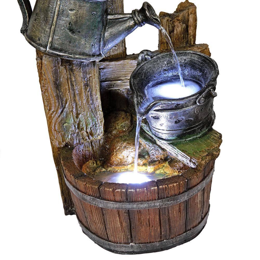 Rustic Polystone Watering Can Birdhouse Fountain with LED Lights