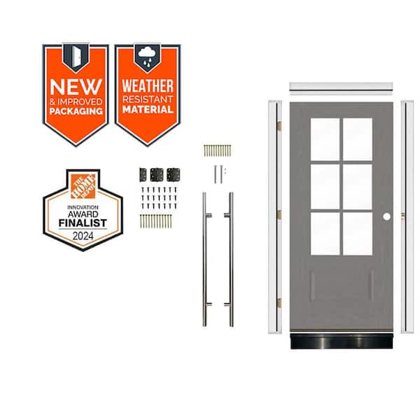 Faux Pivot 36x 79 in. 6-Lite LH ClearGlass MalibuGrey Stain Fiberglass AssemblyRequired FrontDoorKit w/QuickAssembleJamb