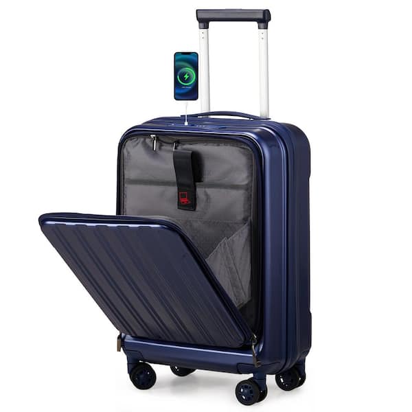 Karl home Front Compartment 1-Piece Blue 20 in. ABS+PC Luggage with USB Port, Double Spinner Wheels, TSA Lock