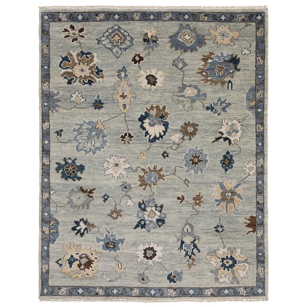 Majestic Blue 9 ft. x 12 ft. Classic Floral Hand-Knotted Wool Fringed-Edge Indoor Area Rug