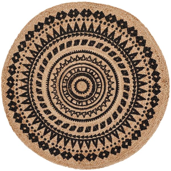 SAFAVIEH Natural Fiber Black/Beige 4 ft. x 4 ft. Round Border Area Rug