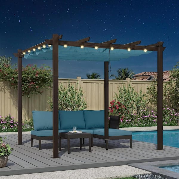 PURPLE LEAF 10 ft. x 10 ft. Bronze Aluminum Frame Morden Pergola with Turquoise Blue Retractable Sun Shade Canopy and String Lights