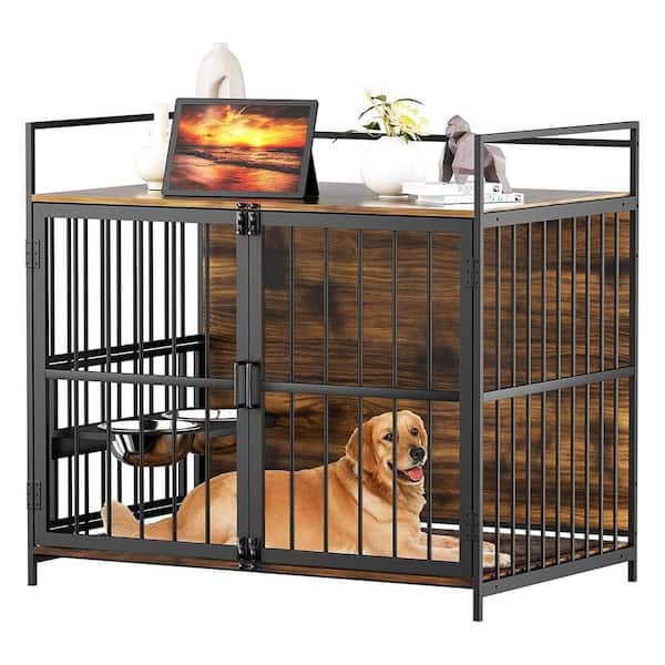 HOMLUX 41 in. L x 24 in. W x 36 in. H Furniture Style Dog Crate w/360-Degree Swivel & Height Adjustable Eating Rack and Dog Pad