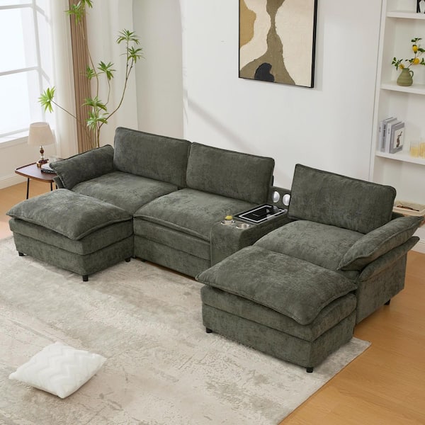 Armandel Modern 124 in. Pillow Top Arms Chenille Upholstered U-Shaped Sectional Sofa in Green with Ottomans, Cup Holders