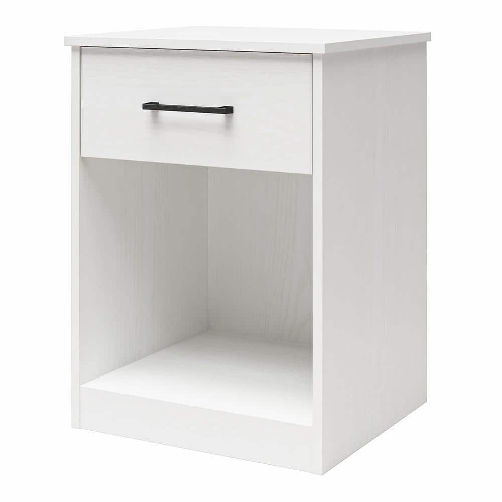 White Laminated Particleboard Nightstand with Drawer and Cubby