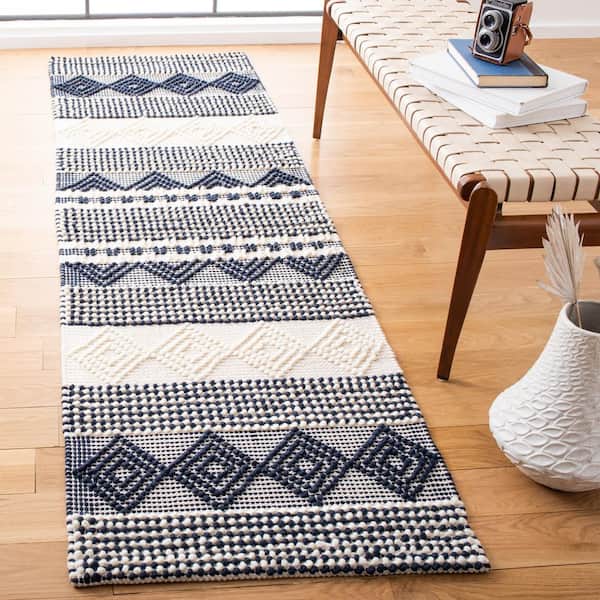 Natura 2 ft. x 14 ft. Navy/Ivory Striped Diamonds Runner Rug