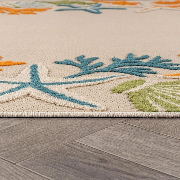 Coastal Border Design Indoor/Outdoor High-Low Textured Area Rug, Easy-Clean Patio Rug 2 ft. x 3 ft. Multi