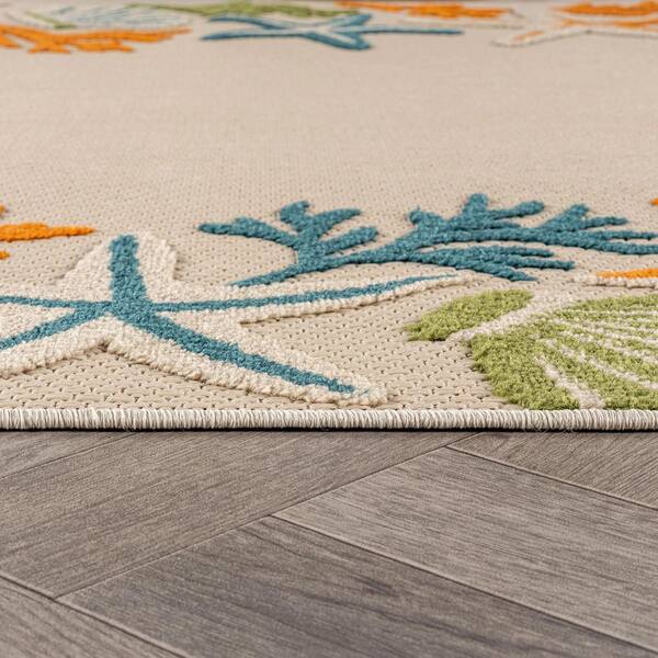 Coastal Border Design Indoor/Outdoor High-Low Textured Runner Rug, Coastal Border, Easy-Clean Patio Rug 2' x 7' Multi
