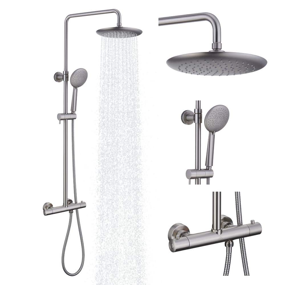 CASAINC 5-Spray Patterns 9.5 in. Thermostatic Rain Shower Faucet Wall Mount Dual Shower Heads in Spot Resist, Brushed Nickel