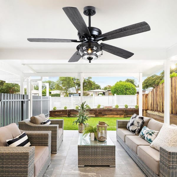 52 in. Indoor/Outdoor Black Ceiling Fans with Light and Remote-Wet Rated for Patios Gazebos