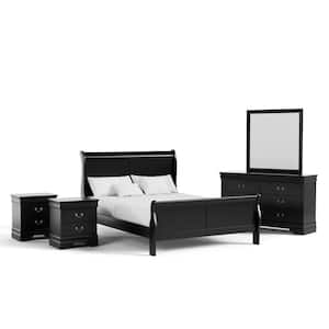 5-Piece Burkhart Black Wood Queen Bedroom Set with 2-Nightstands and Dresser w/Mirror