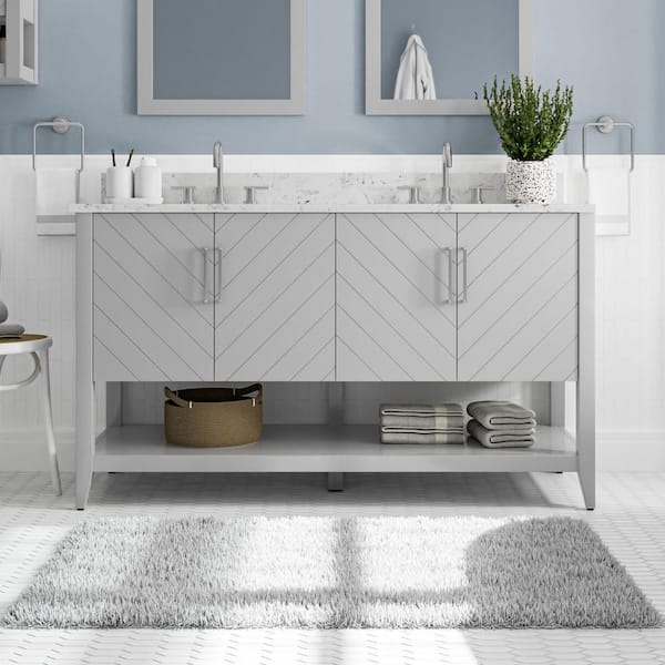 Home Decorators Collection Baybarn 60 in. Double Sink Gray Bath Vanity with White Engineered Carrara Top (Assembled)