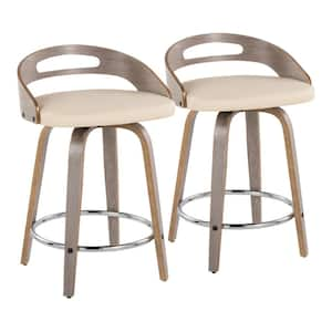 Cassis 24 in. Cream Faux Leather, Light Grey Wood and Chrome Metal Fixed-Height Counter Stool (Set of 2)