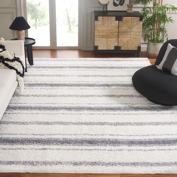 Border and Stripe Shag 8 ft. x 10 ft. Ivory/Gray Faded Striped Area Rug