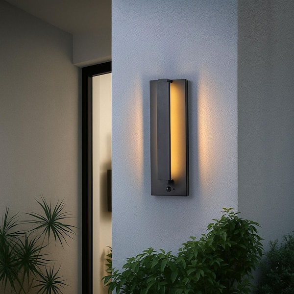 H15'' Modern Matte Black Outdoor Wall Sconce 15 in. Motion Sensor with Integrated LED for Porch Garage Patio