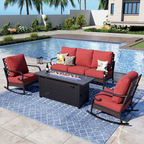 PHI VILLA 4-Piece Black Metal Outdoor Patio Conversation Seating Set with Rocking Chair, 50000 BTU Fire Pit Table and Red Cushions