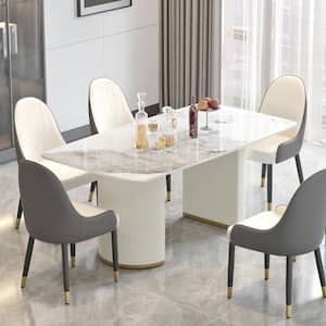 70.87 in. Pandora Sintered Stone Tabletop White Double Pedestal Base Dining Table (Seats-6)