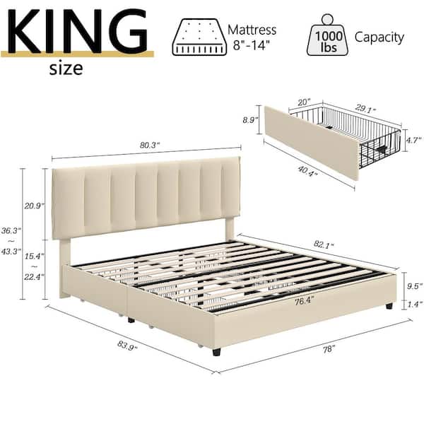 Upholstered Bed Frame, Beige Metal Frame King Platform Bed with 4-Storage Drawers and Adjustable Headboard Bed Frame