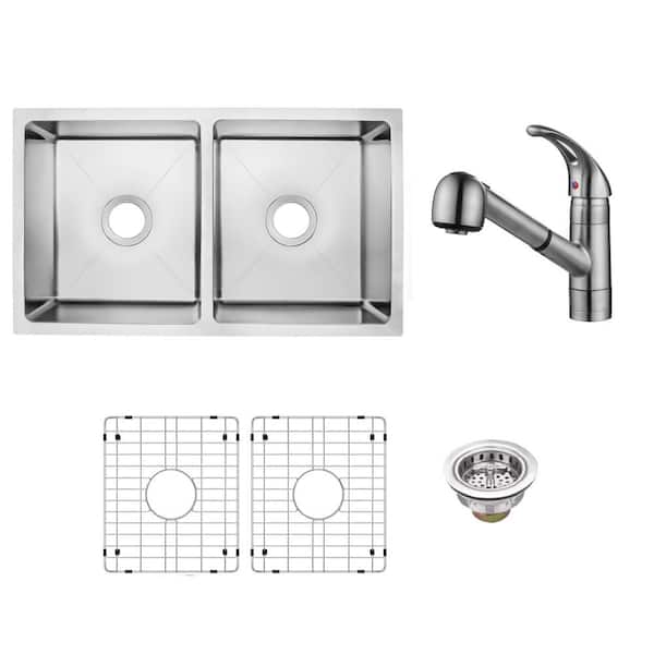 CHESHIRE 31 in. Tiny Radius Undermount 50/50 Double Bowl 18 Gauge Stainless Steel Kitchen Sink with Pull-Out Brushed Faucet
