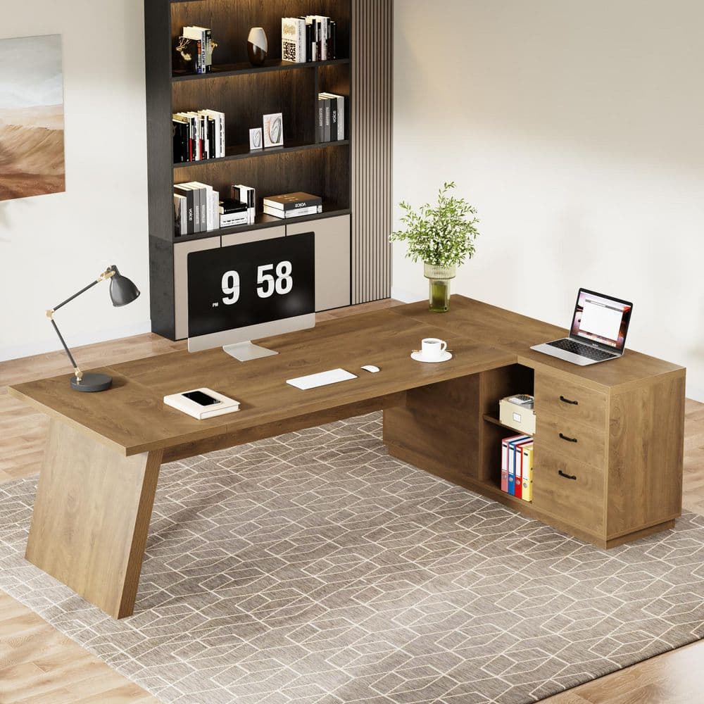 Capen 78.7 in. L Shape Brown Wood 2-Drawer Executive Desk, Modern Computer Desk with Lateral File Cabinet
