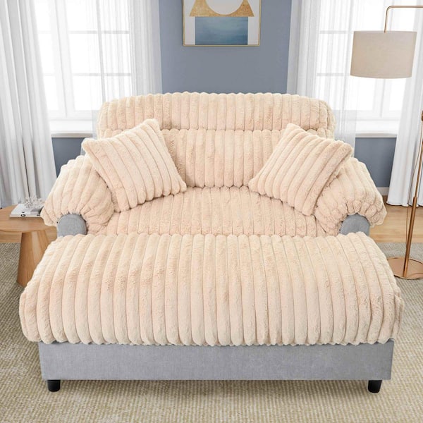 65.25 in. Pillow Top Arms Faux Rabbit Fur Fabric Rectangle Chaise Lounge Sofa in Champagne with Two Throw Pillows