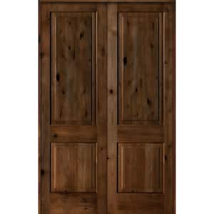 Rustic Knotty Alder 60 in. x 96 in. 2-Panel Right-Handed Provincial Stain Square Top Wood Double Prehung Interior Door