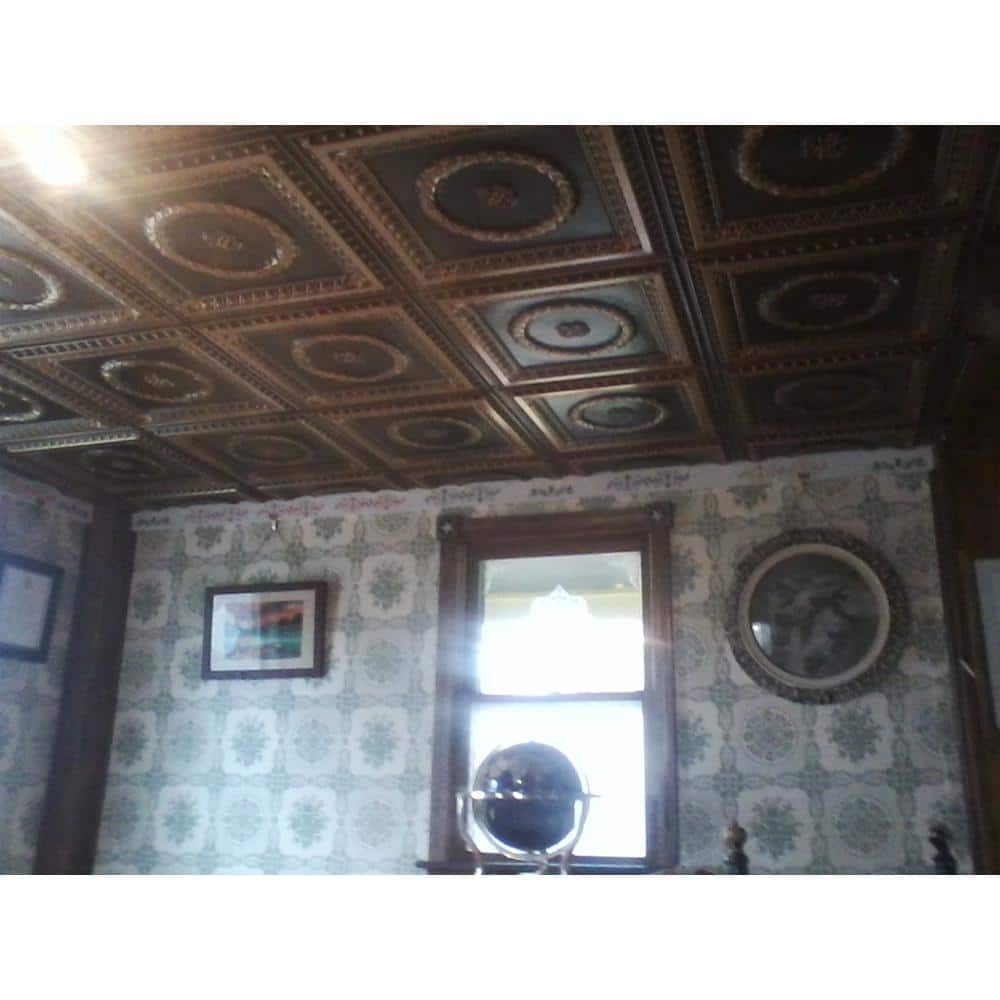 Antique Gold PVC Square Ceiling Tile with Laurel Wreath Design