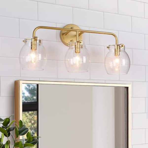 Modern Bathroom Vanity Light, 22 in. 3-Light Gold Bath Lighting for Mirrors, Farmhouse Globe Seeded Glass Wall Sconce