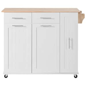 White MDF Kitchen Cart with Storage Cabinet, Drop-Leaf, 5-Wheels, and Towel Rack