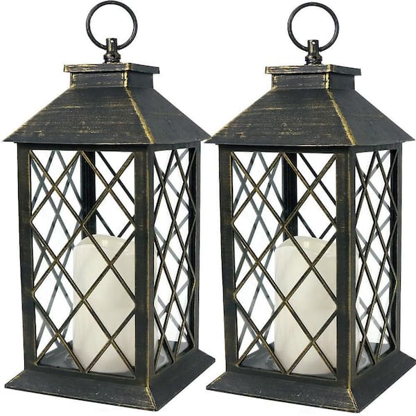 13.5 in. Vintage Candle Lantern with LED Pillar Candle Waterproof Battery Powered Candle Lantern Gold (2-Pack)