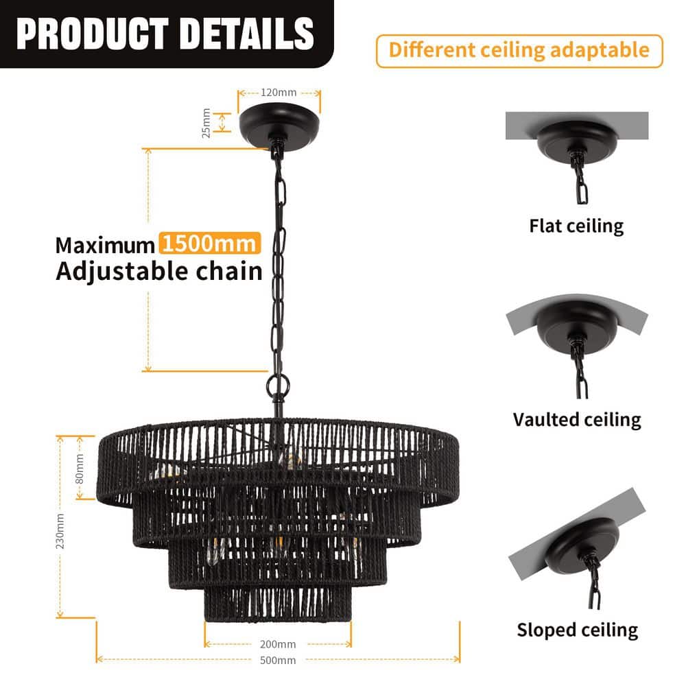 20-inch Black Rattan 6-Light Geometric Pendant Chandelier