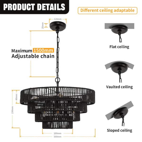 YANSUN 20 in. 6-Light Black Charming Boho Rattan Chandelier
