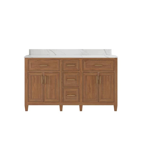 Willow Collections Santa Monica 60 in. W x 22 in. D x 36 in. H Double Sink Bath Vanity in Dark Natural with 1.5 in. Calacatta Laza Top