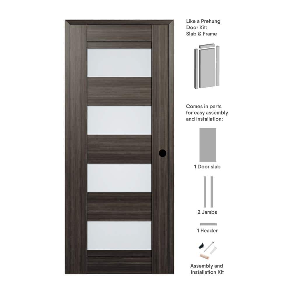 Gray Oak Composite Left-Handed Frosted Glass 4-Lite Interior Door