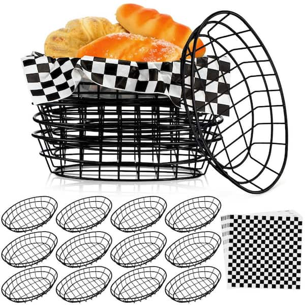 Black Iron Oval Wire Bread Baskets with 50 Black White Plaid Liners for Restaurant Kitchen Fast Food (12-Piece Set)