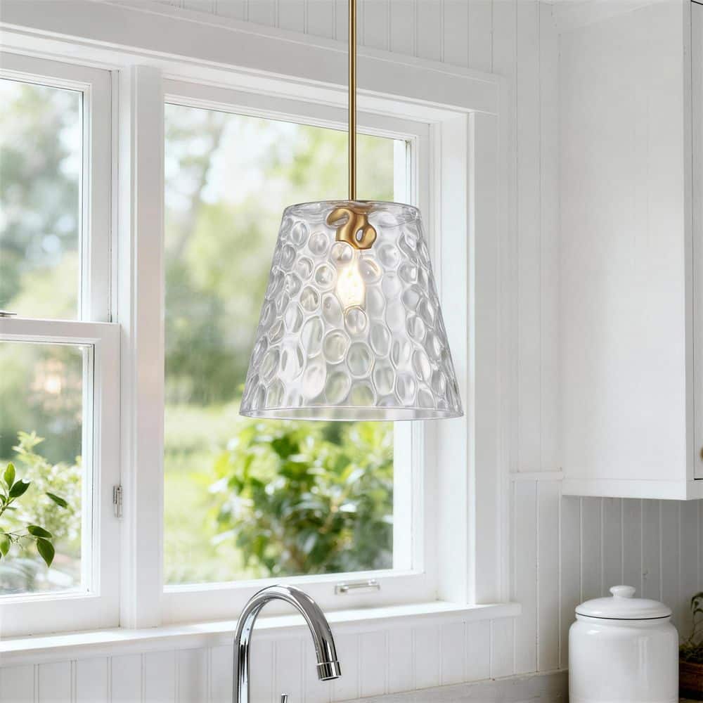 14 in. 1-Light Brushed Gold Pendant Light with Clear Hammered Glass Shade price history on PriceWatchPro