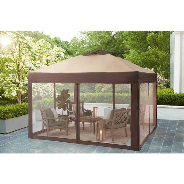 Stockton 11 ft. x 11 ft. Brown Outdoor Patio Pop-Up Canopy with Netting