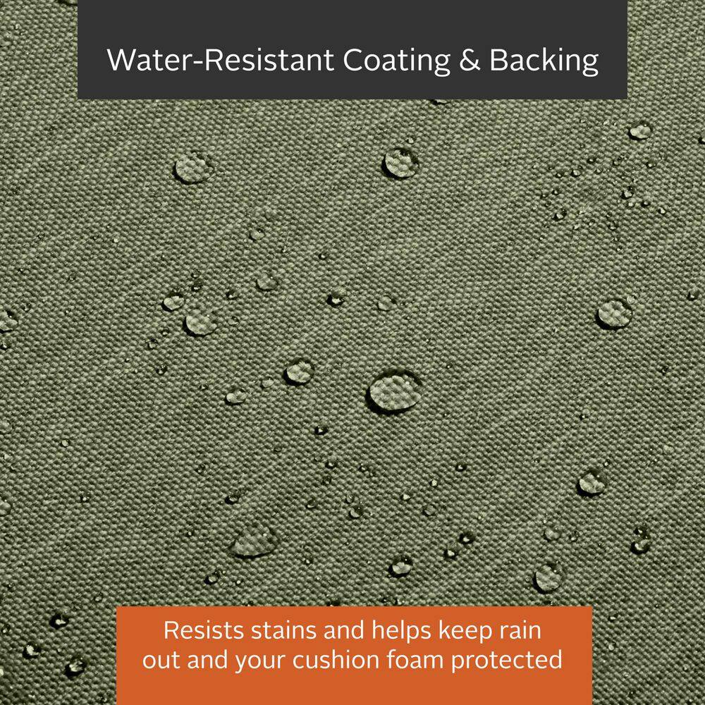 Close-up of water droplets on green heathered fabric.