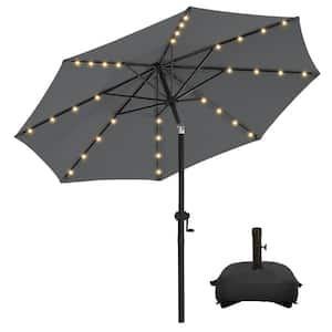 10 ft. Aluminum Solar Led Market Umbrella Outdoor Patio Umbrella with Base 32 LED Lights in Dark Grey