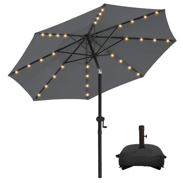 PASAMIC 10 ft. Aluminum Solar Led Market Umbrella Outdoor Patio Umbrella with Base 32 LED Lights in Dark Grey