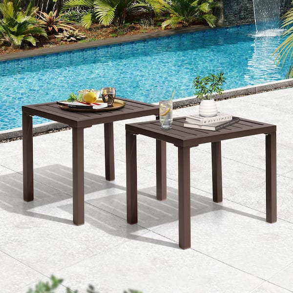 Pellebant Brown Small Rectangular End Table Aluminum Patio Outdoor Side Table 2-Piece Set