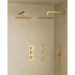 Thermostatic Valve 8-Spray 12 in. and 12 in. Wall Mount Dual Shower Head and Handheld Shower 2.5 GPM in Brushed Gold