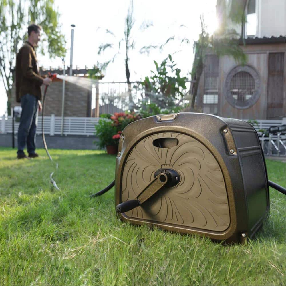 Heavy-Duty Green Metal Garden Hose Reel Box with Crank Handle